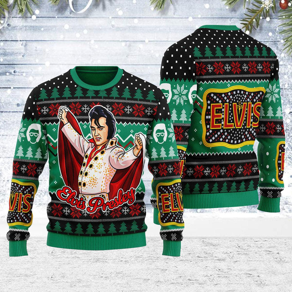 Elvis Presley "Belt buckle" Sign with Rhinestone Christmas Ugly Sweater - Oodiegang.com