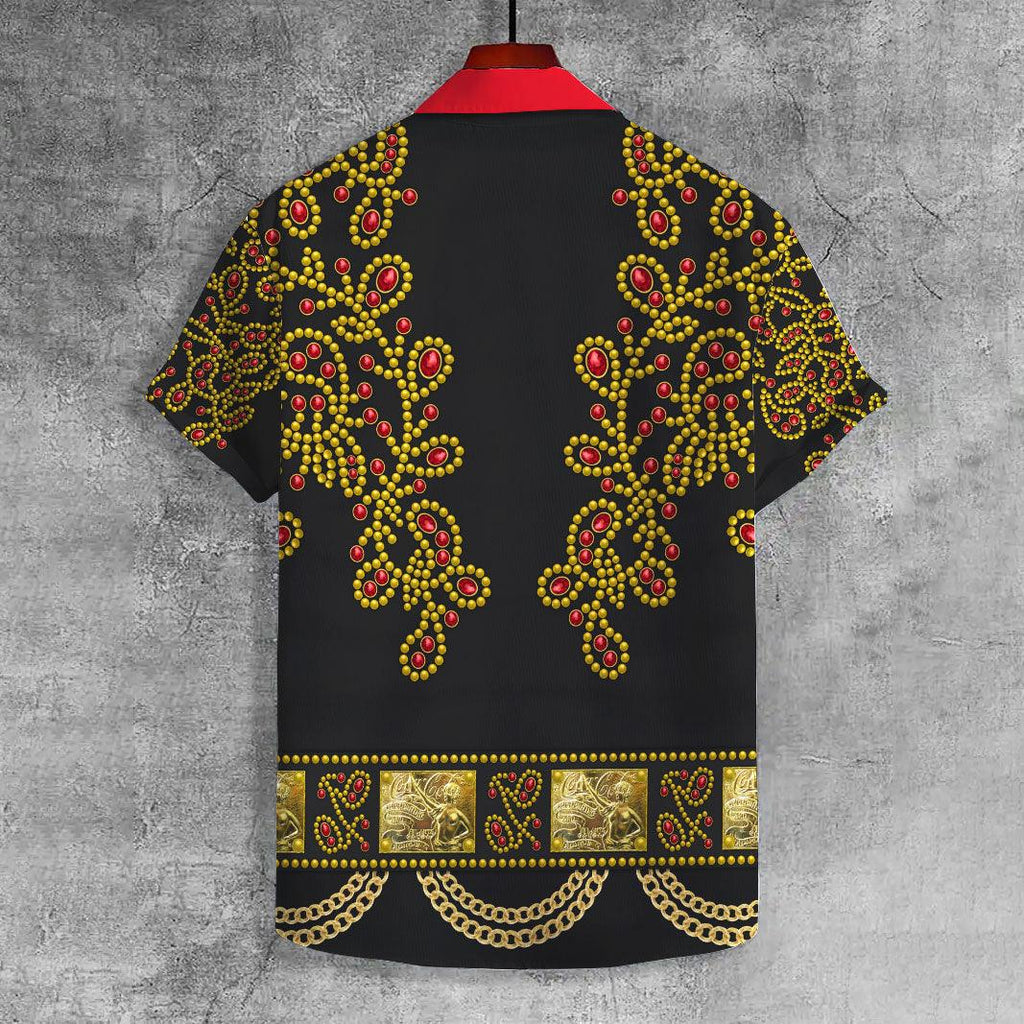 OodieGang Elvis Spanish Flower - Black With Red Stones UNISEX CASUAL HAWAIIAN SHIRT - OodieGang.com