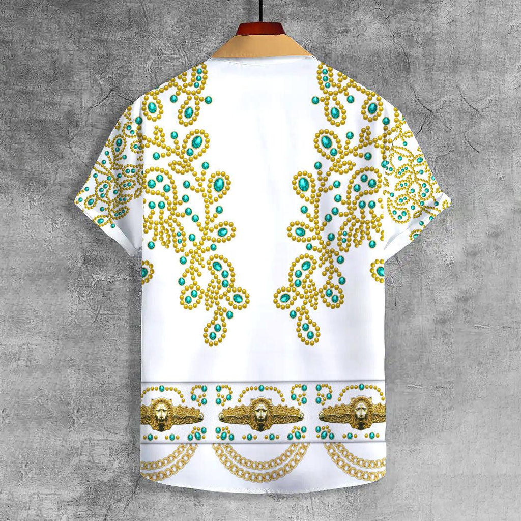 OodieGang Elvis Spanish Flower - White With Green Stones UNISEX CASUAL HAWAIIAN SHIRT - OodieGang.com