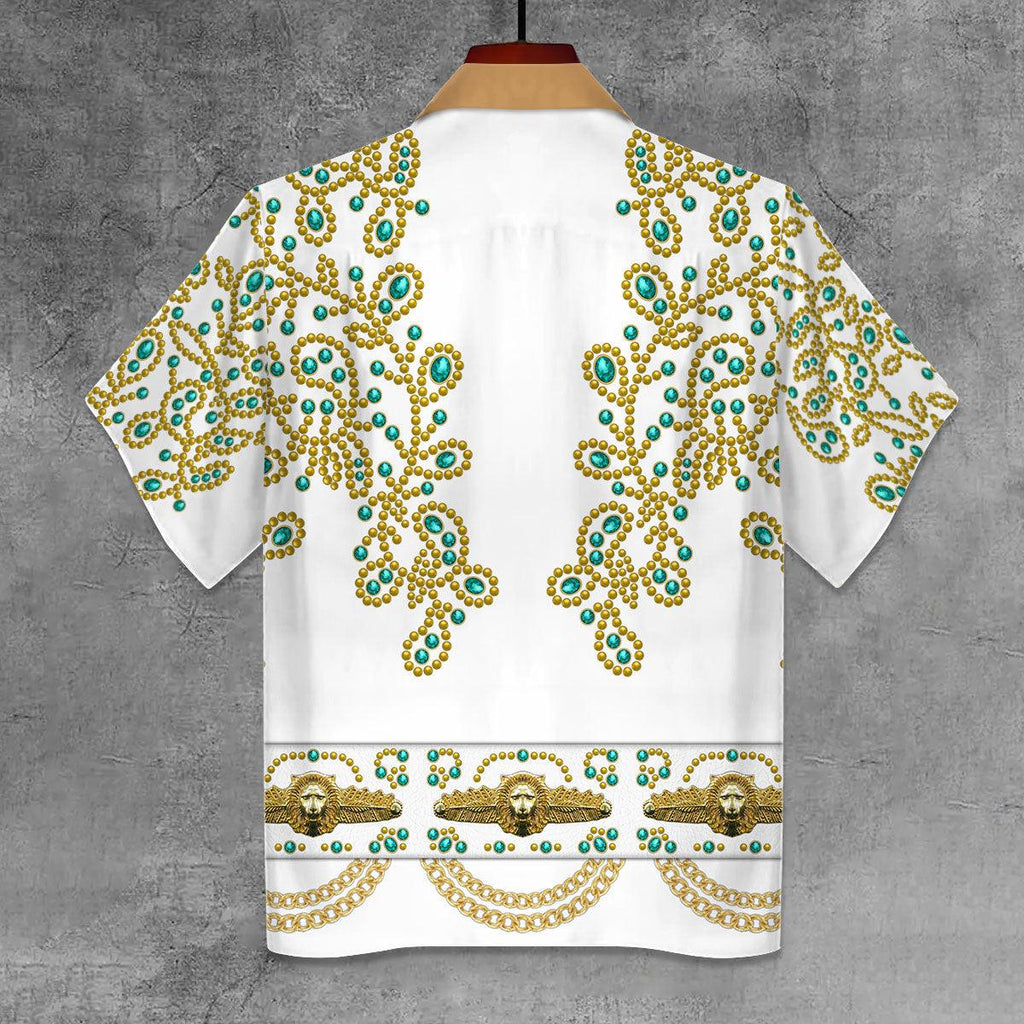 OodieGang Elvis Spanish Flower - White With Green Stones Unisex Hawaii Shirt - OodieGang.com